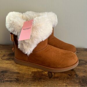 New Juicy Couture US 9 Faux Fur Brown Fluffy Boots Winter Shoes Women Bow Cream
